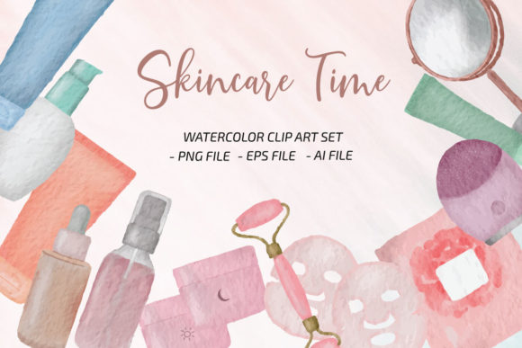 Skincare Clip Art Watercolor Set PNG for Designers